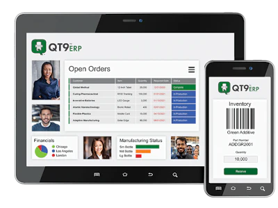 QT9 ERP software dashboard displaying open orders, inventory management, and financial analytics across tablet and mobile devices