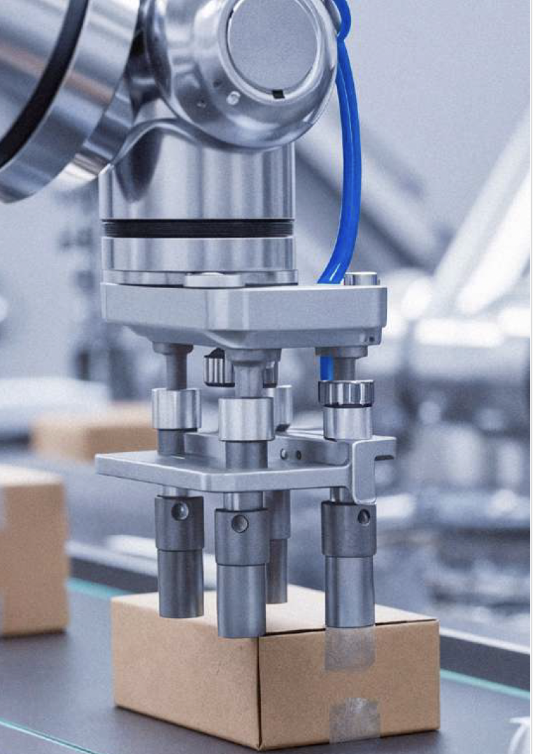 Precision CMM probe head with blue cable mounted on wooden test block in industrial laboratory setting