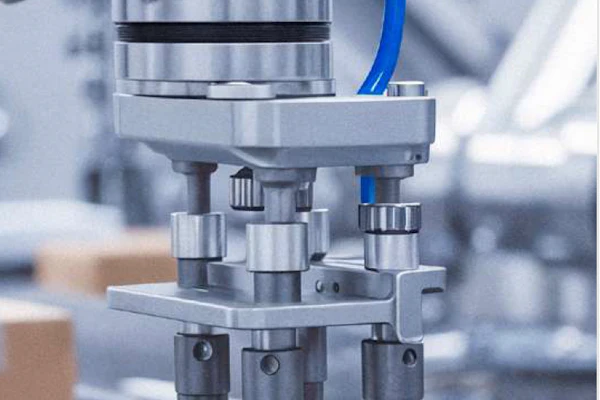 Precision CMM probe head with blue cable mounted on wooden test block in industrial laboratory setting