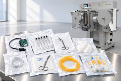 Sterile medical supplies and surgical instruments including tubing, scissors, circuit board, and packaging displayed with laboratory equipment in background