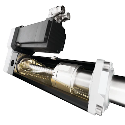 Cutaway diagram of industrial pneumatic actuator showing internal mechanical components and metal construction