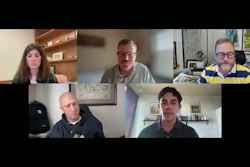 Five people in a video conference call displayed in a grid layout on a black background