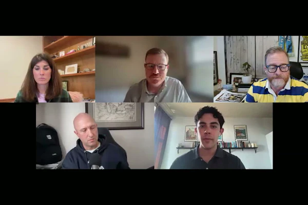 Five people in a video conference call displayed in a grid layout on a black background
