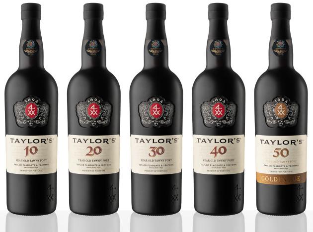 Five bottles of Taylor's Port Wine varieties including 10, 20, 30, and Gold labels with ornate crests