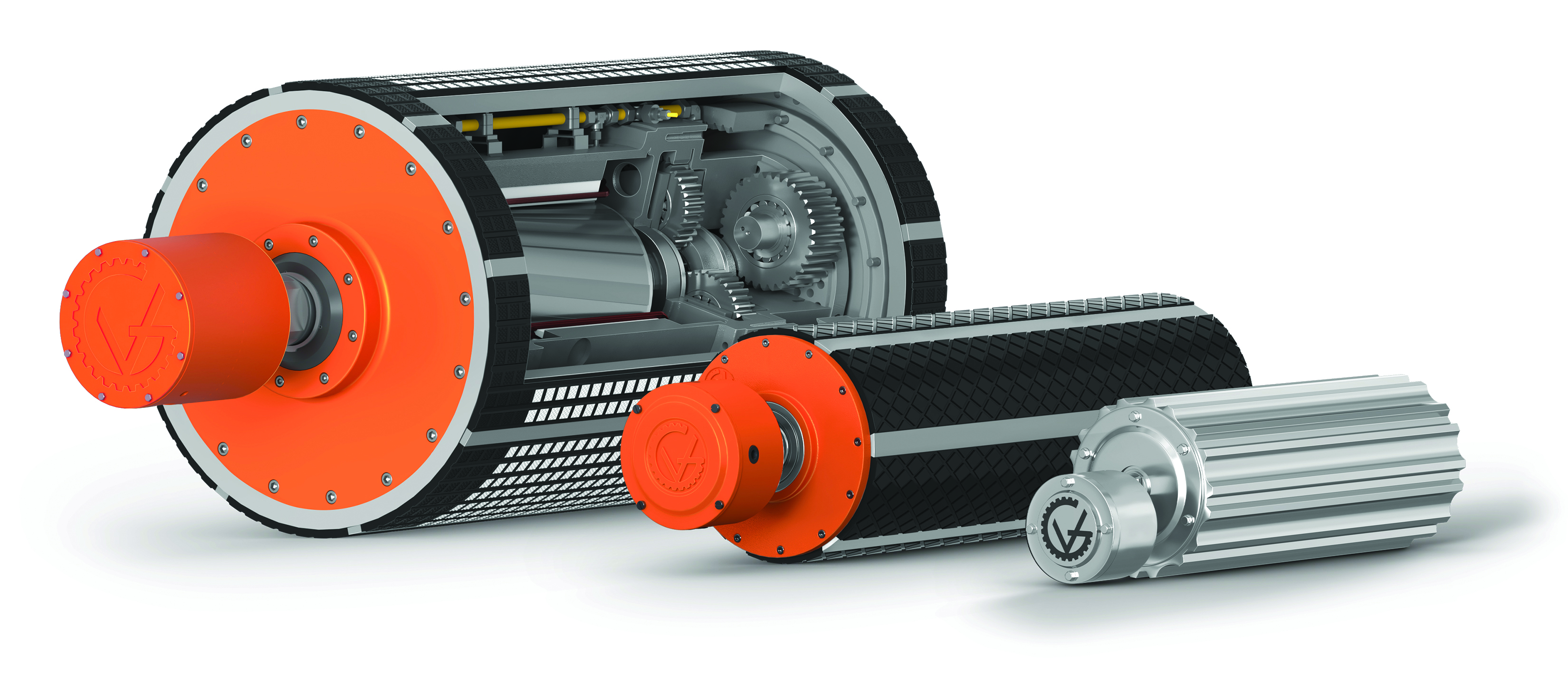 Industrial electric motors and drivetrain components with orange flanges and gray housing displayed in product showcase arrangement