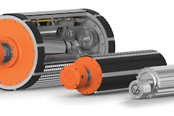 Industrial electric motors and drivetrain components with orange flanges and gray housing displayed in product showcase arrangement