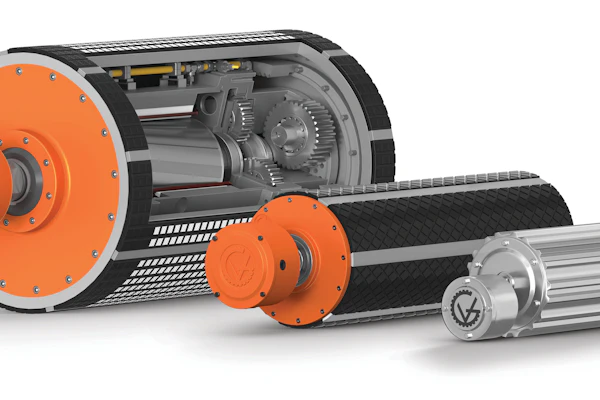 Industrial electric motors and drivetrain components with orange flanges and gray housing displayed in product showcase arrangement