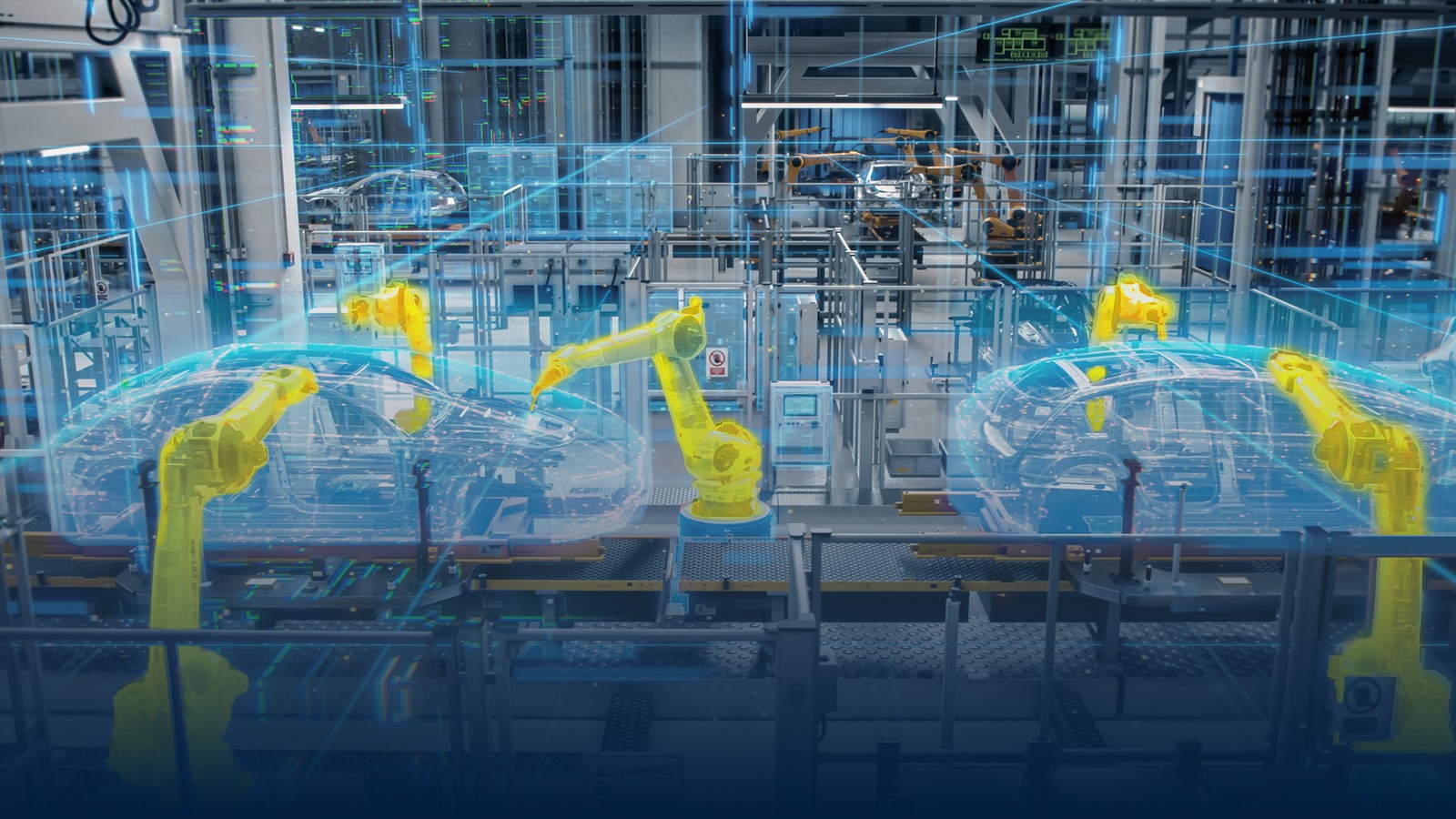 Industrial robotic arms with digital visualization overlay in automated manufacturing facility