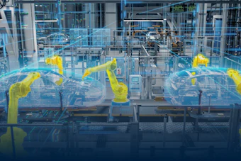 Industrial robotic arms with digital visualization overlay in automated manufacturing facility