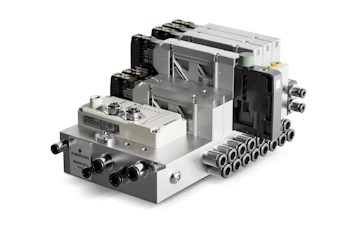 Industrial pneumatic manifold assembly with solenoid valves, control modules, and multiple connector ports